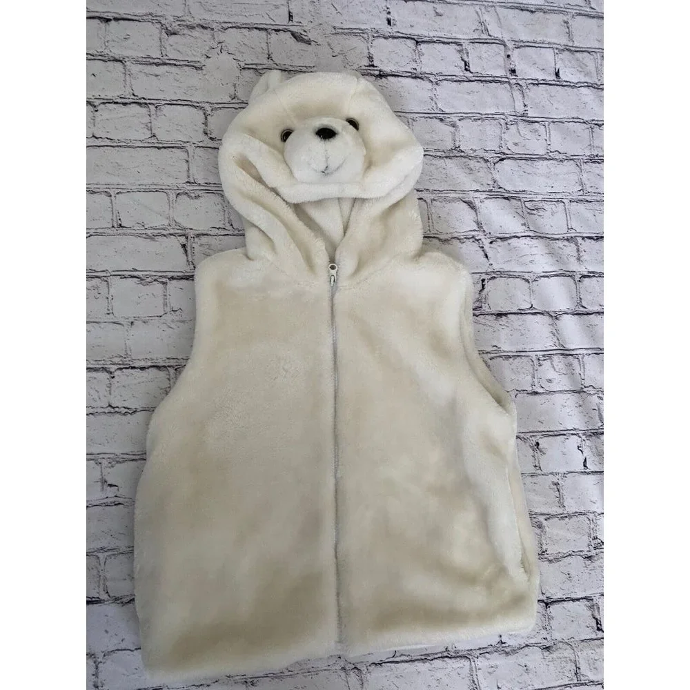 Fleece Polar Bear White‎ Faux Fur White Hooded Vest Size Small Youth Vintage Zip
